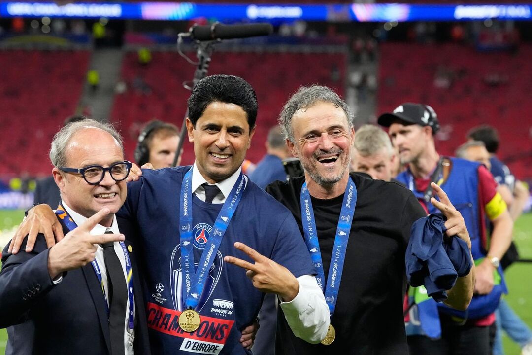 PSG's head coach Luis Enrique, from right, club President Nasser
