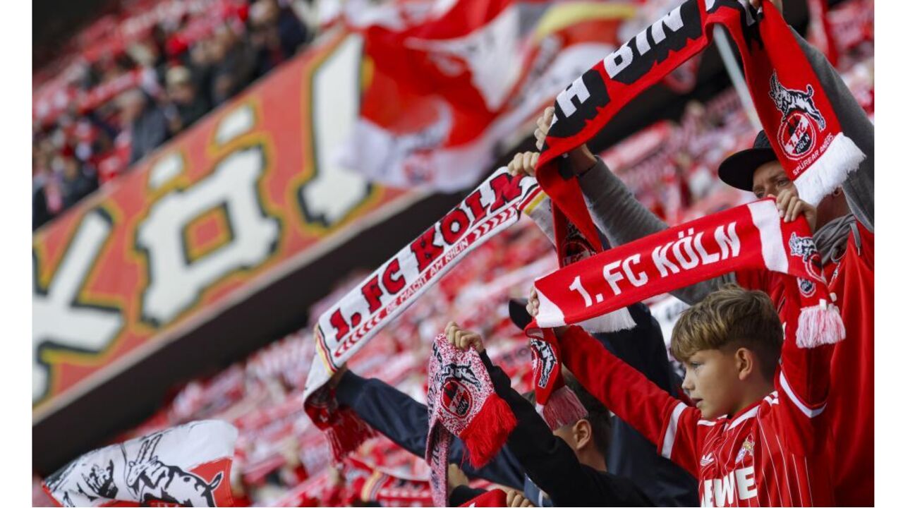 Cologne fans react during the German Bundesliga soccer match between