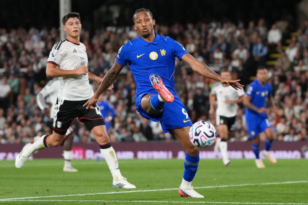 Chelsea's Joao Pedro stops the ball during the English Premier