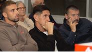 Carlos Fangueiro, técnico do Leixões, e os capitães Paulinho e Stefanovic na sessão de esclarecimentos da SAD