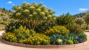 Um canteiro de vegetais e flores prospera num local da Serra da Arrábida