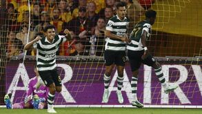 Festejos do Sporting após o golo de Luis Suárez em Lens
