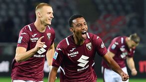 Torino's Rafik Belghali celebrates after scoring the 2-1 goal during