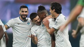 Lazio's Tijjani Noslin, second from right, celebrates after scoring a