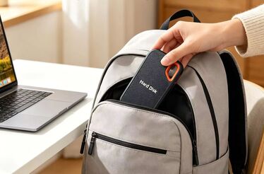 Disco externo USB-C é guardado numa mochila