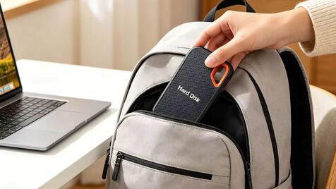 Disco externo USB-C é guardado numa mochila