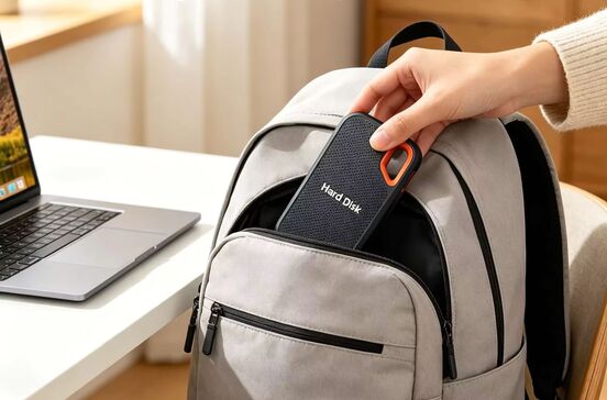 Disco externo USB-C é guardado numa mochila